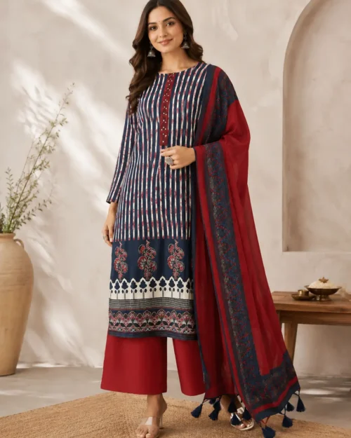 Anamika - Ajrakh pure cotton unstiched suit - Blue & Red