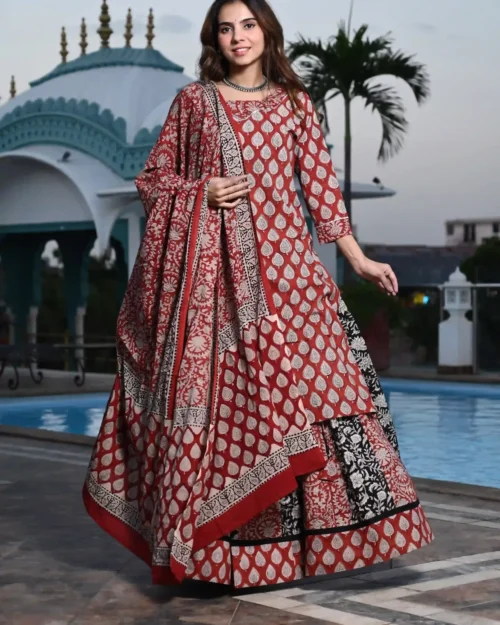 Pooja - Ajrakh handblock readymade skirt suit - premium cotton - Authentic handblock - Red and black color